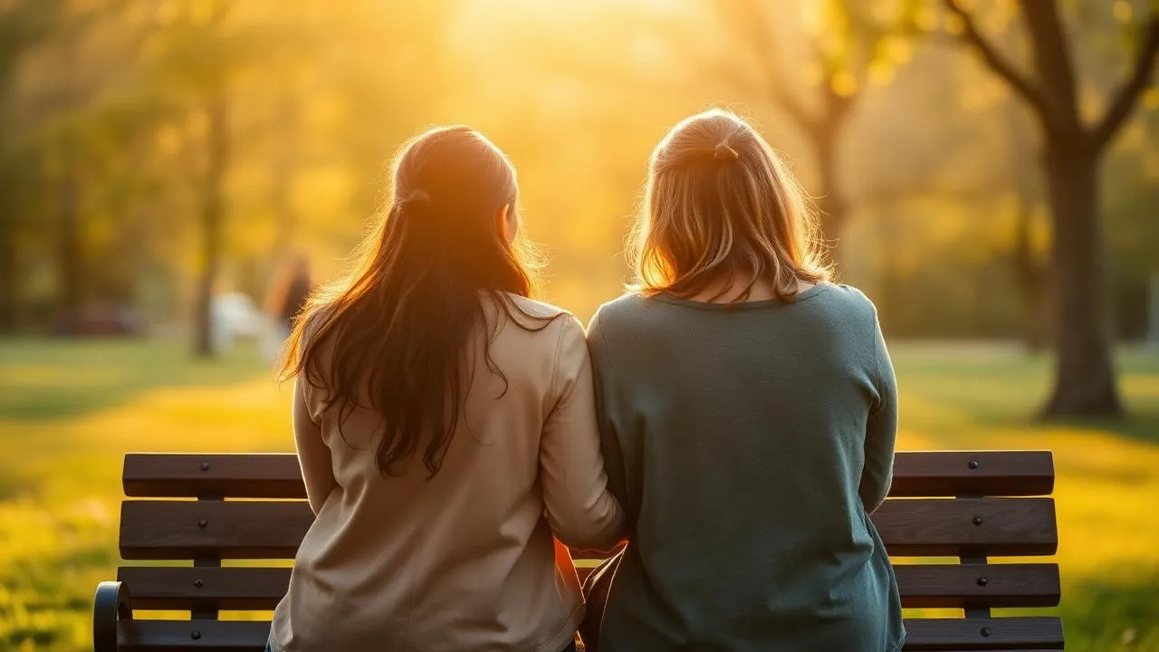 Two women sitting together on a park bench at sunset